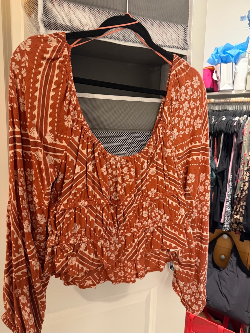 Rip Curl Burnt Orange Floral Scoop-Neck Peasant Blouse